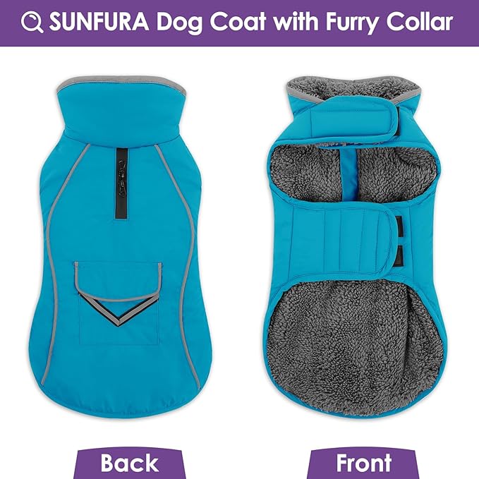SUNFURA Small Dog Coat, Warm Dog Jacket with Zippered Leash Hole, Reflective Pet Winter Coat Fleece Jacket with Adjustable Furry Collar for Small Dogs Schnauzer, Yorkshire Terrier, Turquoise S