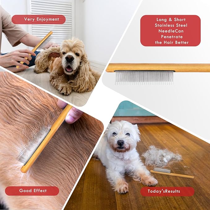 Dog Slicker Brush for Medium or Long Haired Dogs, Removes Loose Hair, Tangles and Knots, Best Grooming Brush for Small Animals, Free Pet Comb, Red