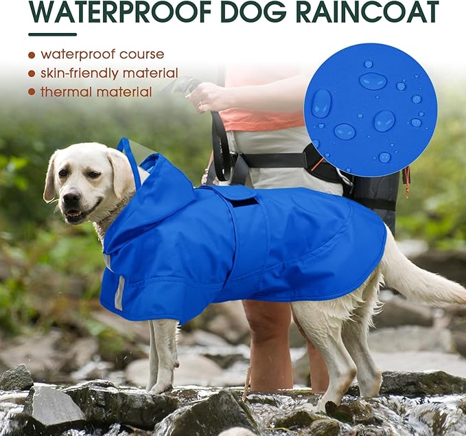 Kuoser Dog Raincoat, Waterproof Dog Rain Jacket with Clear Hooded Double Layer, Lightweight Reflective Dogs Rain Coat with Adjustable Belly Strap, Rain Coats for Medium Large Dogs Outdoor Wear, Blue L