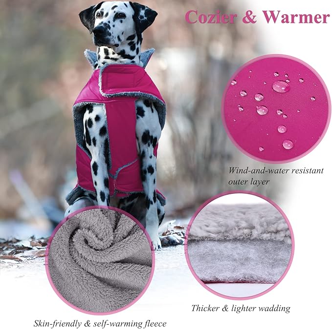 VIVAGLORY Frostfit Dog Coat, Dog Jacket for Winter & Cold Weather, Warm Fluffy Fleece Lined Water Resistant Reflective for Puppy, Coat with Velcro Fastening & Leash Hole, XS, Fuchsia