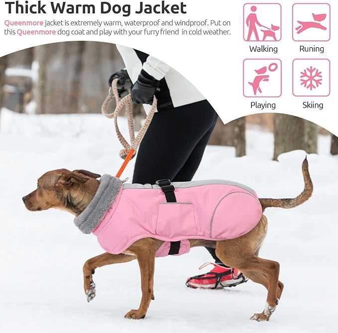 Queenmore Dog Coats for Large Breeds, Doggie Snow Jacket, Adjustable Easy On Dog Winter Jacket for Large Dogs, Waterproof Cold Weather Pet Coat, Pink, L