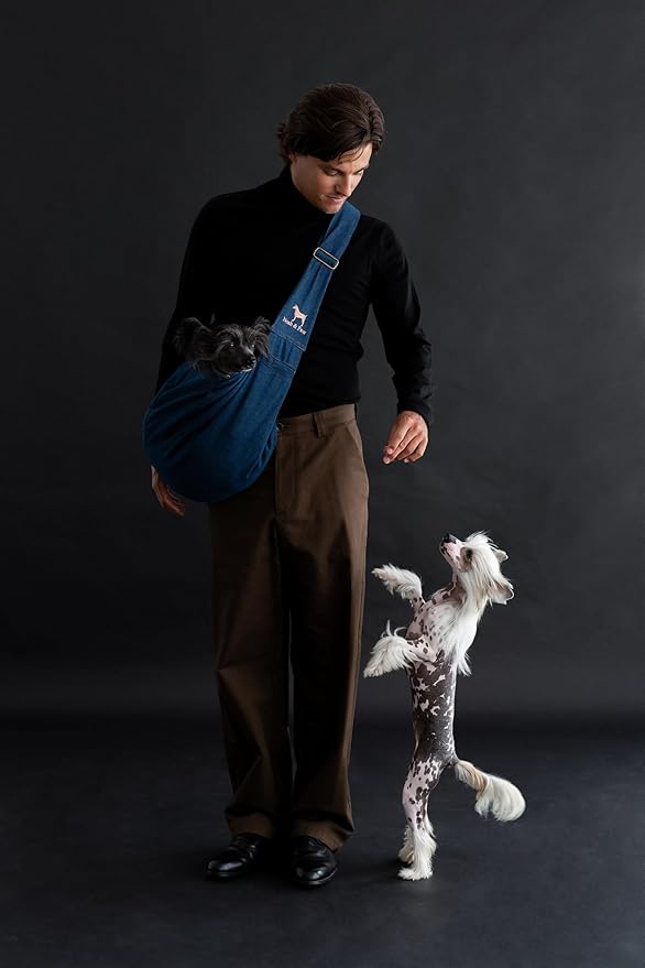 Noah & Paw Dog Sling Carrier for Small Dogs 5-18lb, Dog Sling for Small Dogs and Cats, Dog Carrier with Adjustable Padded Strap, Premium Denim, Lined with Fur, Double Safety Feature, Machine Washable