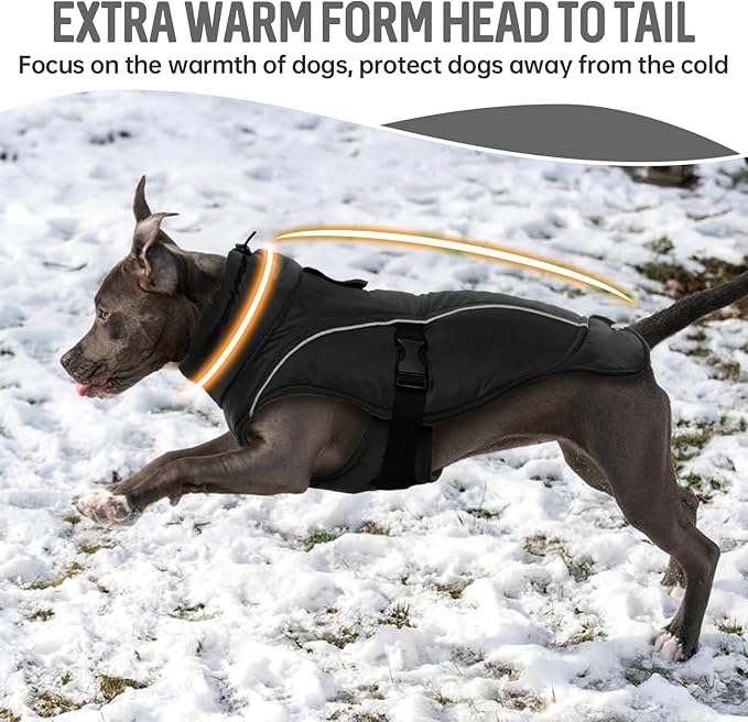 DENTRUN Extra Large Warm Dog Jacket - Windproof Water Repellent Reflective Coat, Adjustable Plush Turtleneck, Easy Wear Fleece Lined Cold Weather Vest for Great Dane, Black, XXXL