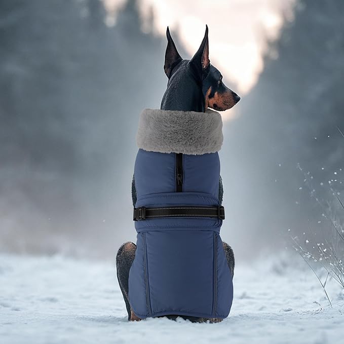 PETDSH Dog Coat Large, Windproof Dog Jacket with Warm Fleece Lining, Thickened Collar Dogs Winter Coat, Adjustable Reflective Pet Coats for Cold Weather (Navy Blue, X-Large)