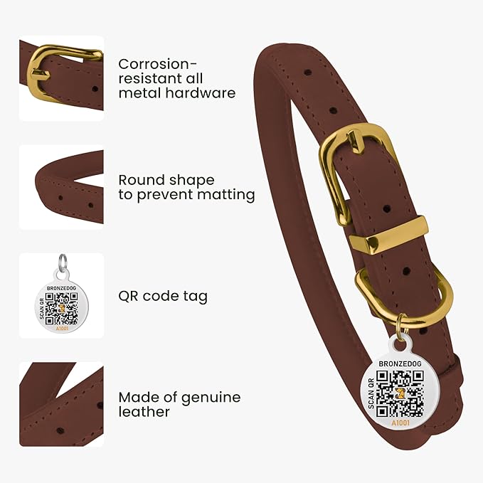 BronzeDog Rolled Leather Dog Collar with QR ID Tag, Adjustable Soft Round Collars for Small Medium Large Dogs Puppy (19" - 21" Neck Size, Cognac Brown)