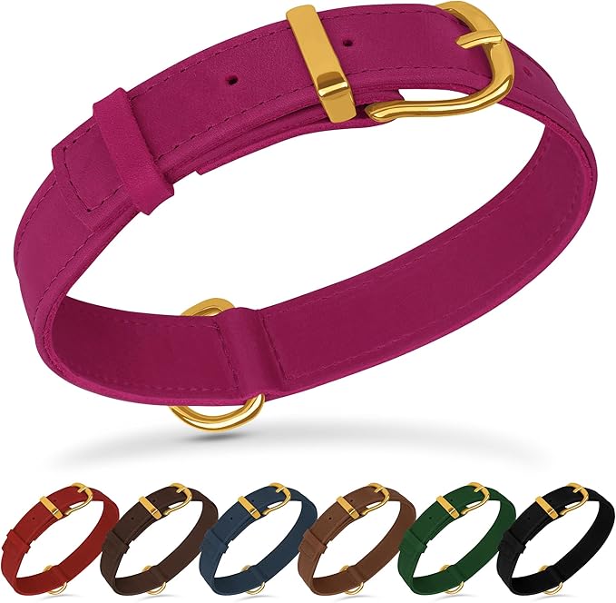 Leather Dog Collar - Heavy Duty Adjustable Soft Padded Pet Collars for Small Medium Large Dogs Breed - Black Green Brown Pink Red Blue (Pink, M, 12"-15" Neck Fit)