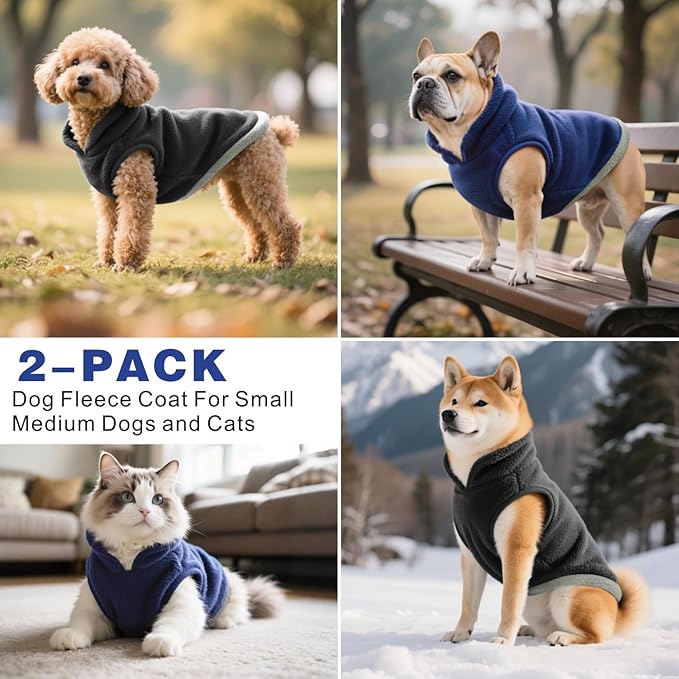 Idepet 2 Pack Dog Fleece Vest Sweater Warm Pullover Jacket with D-Ring Leash Reflective Winter Coat Hoodie for Puppy Cat French Bulldog Pug Chihuahuas Yorkies Dachshunds(Black&Blue,X-Large)