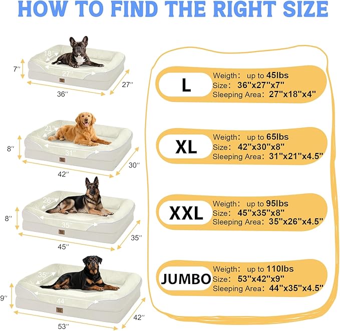 Washable Orthopedic Large Dog Bed - Removable Waterproof Cover with Bolster Machine Washable Extra Large Dogs Beds Foam Support XL Big Pet Beds