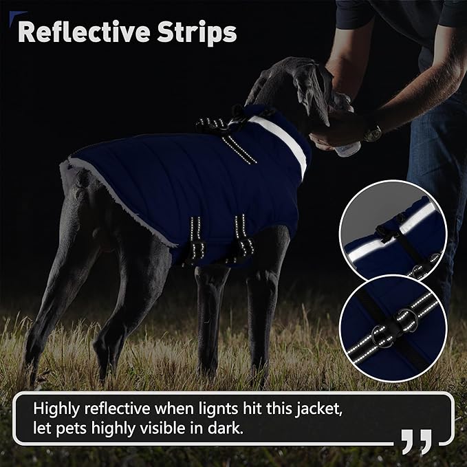 Dogcheer Dog Coat, Waterproof Dog Jacket with Harness, Reflective Adjustable Puppy Winter Coat with Zipper, Christmas Snow Jacket Clothes for Small Medium Large Dogs - Blue XL