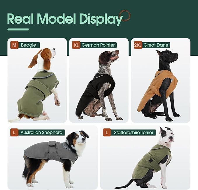 Kuoser Canvas Dog Coat, Warm Dog Jacket Reflective Fleece Pet Cold Weather Coat, Warm Doggie Clothes Waterproof Winter Vest with Zipper Leash Hole for Small Medium Large Dogs, Brown XL