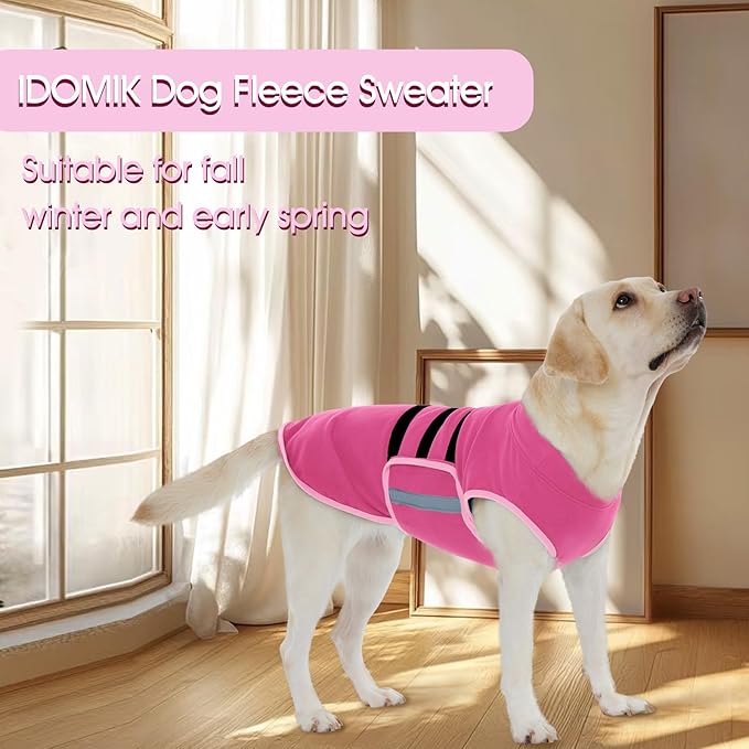 IDOMIK Warm Fleece Dog Sweater for Large Dogs,Soft Winter Dog Fleece Jacket Coat for Fall Cold Weather,Adjustable Fleeced Vest with Reflective Strips,Pullover Pet Sweatshirt for Girl Boy Dogs,Rose,L