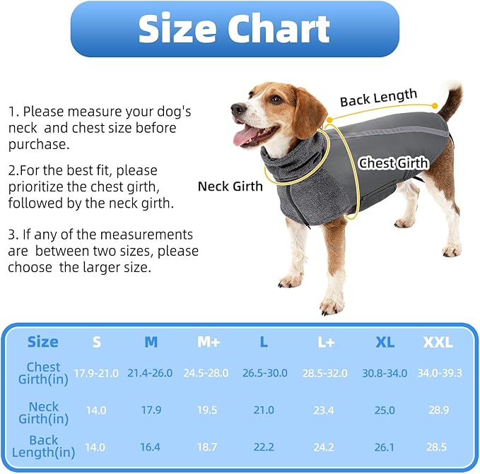 SlowTon Winter Dog Coat, Warm Polar Fleece Lining Doggie Outdoor Jacket with Turtleneck Scarf Reflective Stripe Adjustable Waterproof Windproof Puppy Vest Soft Pet Outfits (S,Grey)