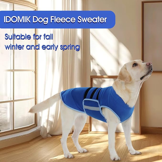 IDOMIK Warm Fleece Dog Sweater for Large Dogs,Soft Winter Dog Fleece Jacket Coat for Fall Cold Weather,Adjustable Fleeced Vest with Reflective Strips,Pullover Pet Sweatshirt for Girl Boy Dogs,Blue,XL