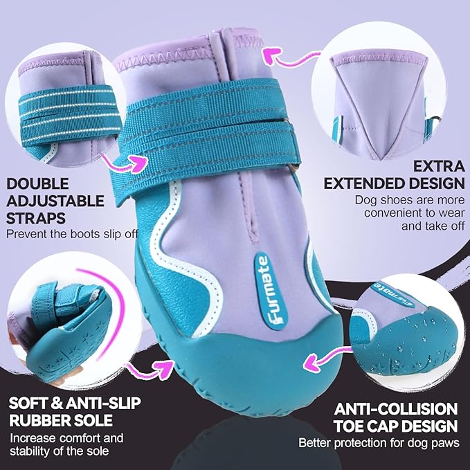 Dog Shoes for Large Small Medium Dogs,Dog Booties for Indoor Hardfloors Anti-Slip,Reflective Strip Waterproof Dog Boots & Paw Protectors for Outdoor Walking Hot Pavement,Winter Snow (Purple-2)