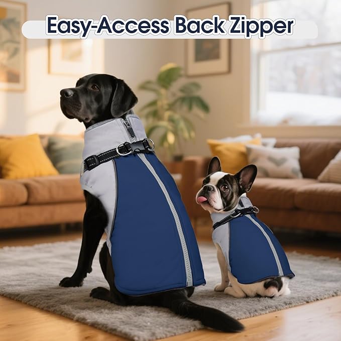 DENTRUN Dog Coat with Harness Built in, Easy On/Off Zipper Closure Winter Dog Vest, Water-Repellent Fleece Lined Warm Jacket with Reflective for Medium Dogs, Dark Blue, M