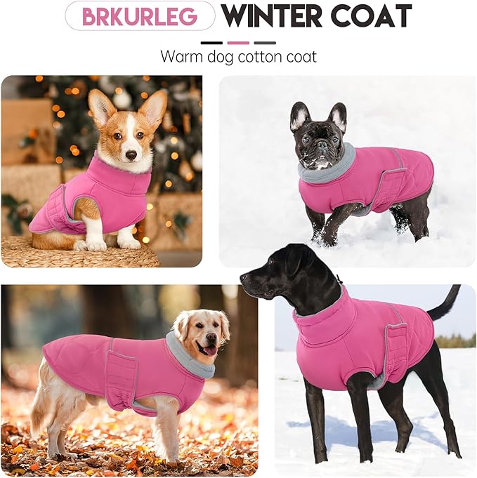 BRKURLEG Dog Winter Jacket, Warm Dog Winter Coats for Small and Medium Large Dogs, Reflective Adjustable Pet Cold Weather Coats, Waterproof Dogs Snow Jacket Clothes Fleece Vest XXL, Rose Red