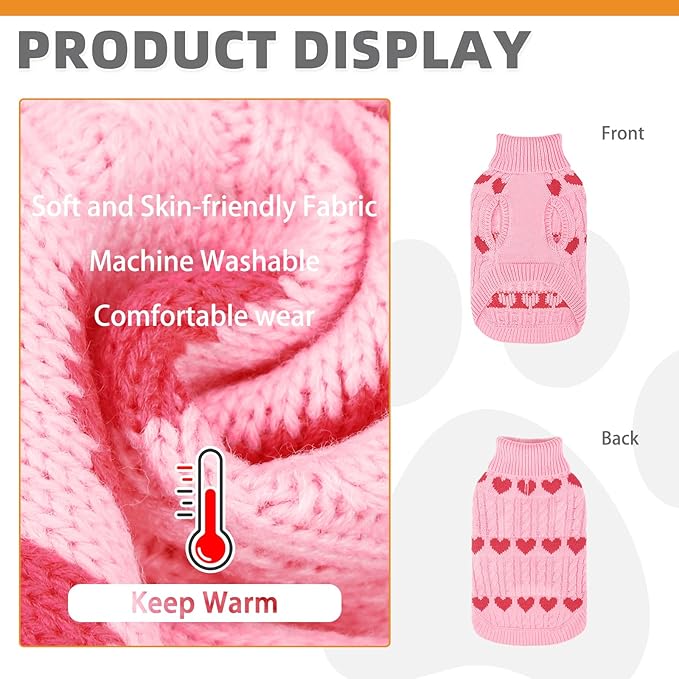 KOOLTAIL Cable Knit Dog Sweater Turtleneck, Cold Weather Pullover Classic Knitwear, Snowflake Pattern Thick Warm Winter Pet Clothes,Dog Christmas Sweater for Small Medium Large Dogs,Pink Heart ML