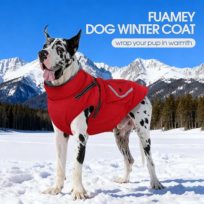 FUAMEY Dog Winter Coat Waterproof, Warm Fleece Lined Jacket for Dogs, Extra Large Goggie Vest with Harness Built in, Pet Cold Weather Coats Doggy Outfits Back Zipper, Border Collie (Red, 2XL)