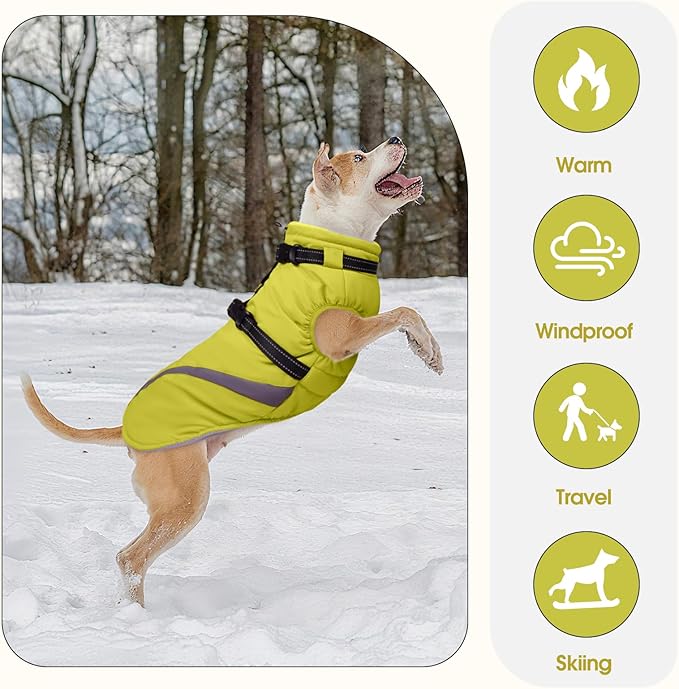 BRKURLEG Dog Winter Jackets for Medium Dogs, Dog Coat with Harness Built in, Dogs Snowsuits with Zipper, Waterproof Windproof Pet Puffer Jacket Fleece Vest for Beagle, Pug, Green L