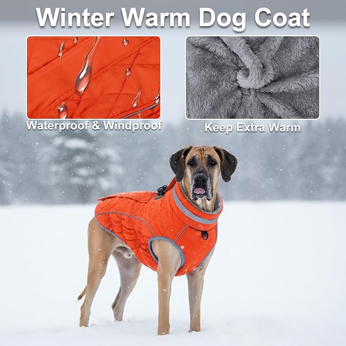 Dog Coat, Warm Dog Winter Coat for Large Dogs, Waterproof Jacket with Harness Built in, Reflective Turtleneck Cold Weather Coats with Zipper,Pet Fleece Vest Snow Jacket, Orange XL