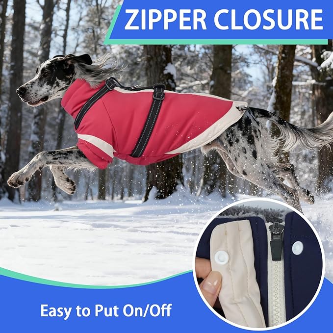 MIGOHI Dog Coat with Harness Built in, 2-in-1 Thermal Dog Jacket, Reflective Snowsuit for Large Dogs, Fleece Lined with Turtleneck, Adjustable Buckle Coats, Border Collies, Pink, XL