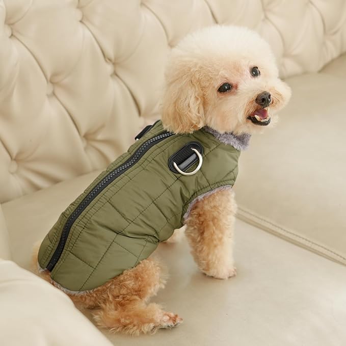 Warm Fleece Dog Coats with Durable Harness Buitl in D-Ring,Waterproof Doggie Jacket for Large Dogs,Dog Vest for Cold Winter,Green XXXL