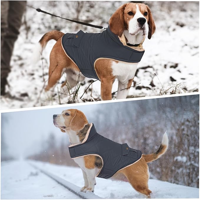 ASENKU Warm Dog Winter Coat, Waterproof Dog Coat for Cold Weather, Fleece Dogs Jacket with Ultra Thick Plush Lining Leash Hole Storage Pockets for Large Dogs (Navy Blue, Large)