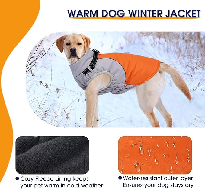 Dog Coat Waterproof,Warm Dog Winter Jacket with Harness Built in Windproof Snow Jakcet with Fleece Lining Reflective Thermal Cold Weather Coats for Large Dogs,Windproof Pet Snowsuit,Orange,L