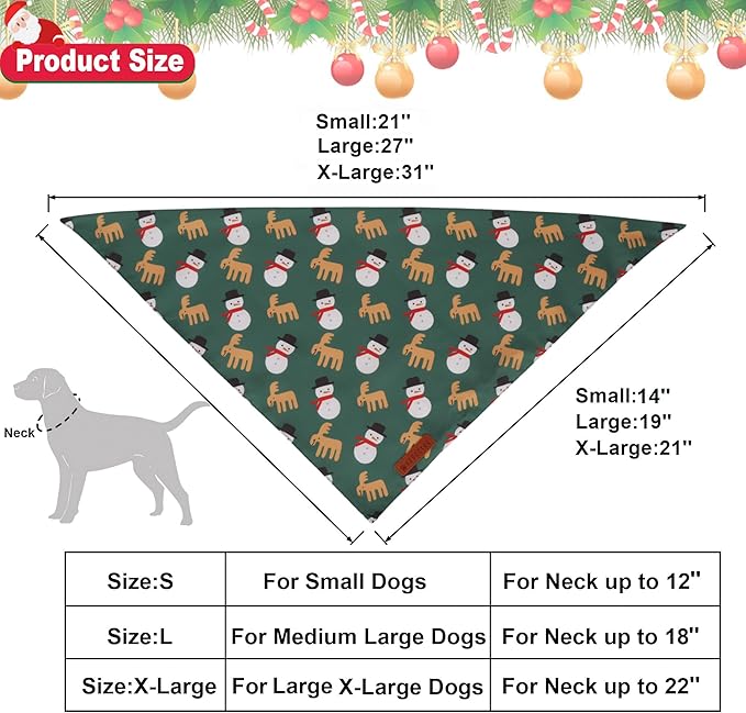 ADOGGYGO Green Christmas Dog Bandana, Snowman Reindeer Mug Puppy Scarf, Adjustable Fit Merry Christmas Bandanas for Small Dogs (Small)