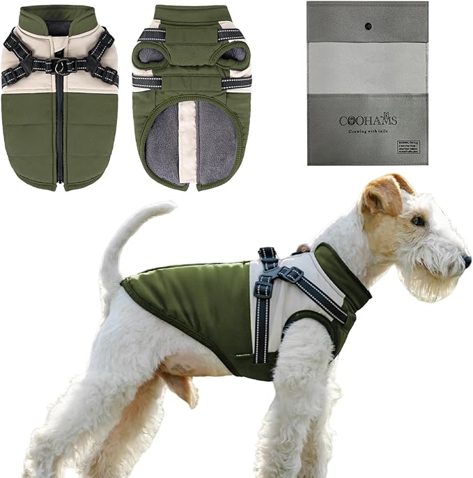 Dog Winter Coat for Small & Medium Dogs (Up to 31lb), Waterproof Dog Coat with Harness, Puppies Windproof Puppy Puffer Jacket, Snowsuit for Dachshund,Frenchie, Corgi (Classic Green, Large)