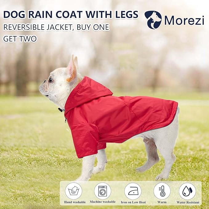 Dog Raincoat Dogs Waterproof Reversible rain Jacket Dog Small Medium Breeds Reflective Zipper Storage Pocket Harness Hole - Red - S