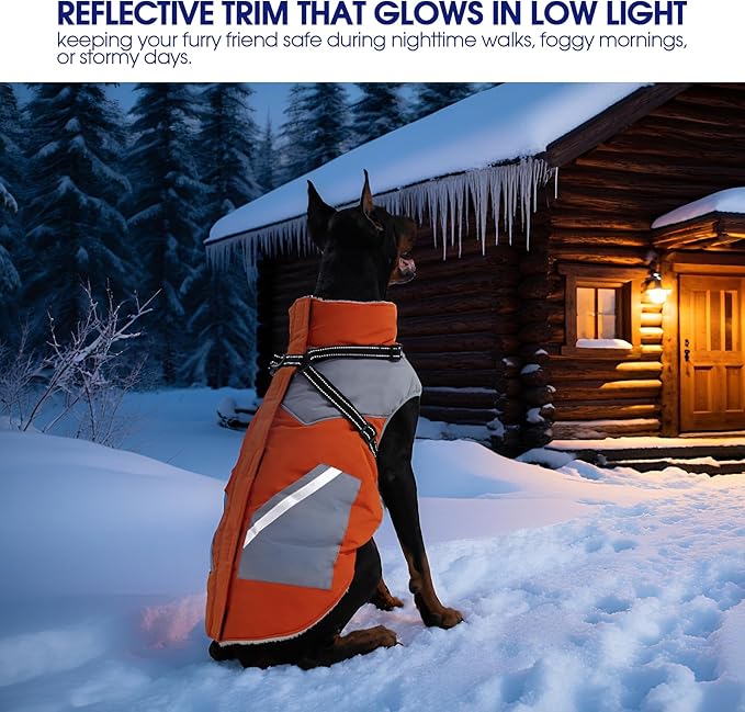 FUAMEY Dog Winter Jackets for Medium Dogs,Dog Coat with Harness Built in,Waterproof Dogs Snowsuits Warm Pet Jacket Zip Up Fleece Cold Weather Coats Reflective Puppy Vest with Pocket Orange M