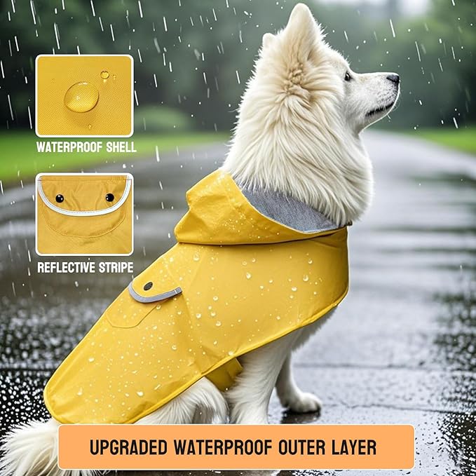 Dog Raincoat Dogs Rain Jacket Reflective Poncho Rainwear Waterproof Pet Clothes Warm Lined Pocket Hooded Leash Hole Adjustable Small Medium Dogs,Yellow,L,Back Length 12.0 Inch