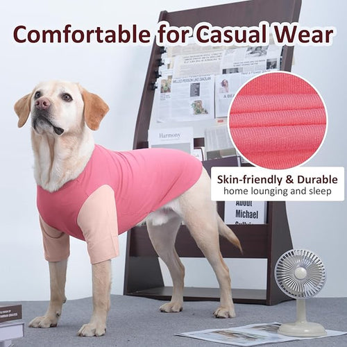 2 Pack Large Dog Shirts for Summer - Stretchy Breathable Cotton Dogs T-Shirt, Protect Skin Easy On and Off Clothes for French Bulldog, Pug, Daily Wear, Sleeping, Camping, Park, Travel, Pink