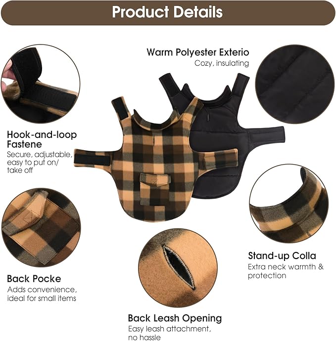 ASENKU Dog Winter Jacket Plaid Reversible Vest, Waterproof Dog Coat for Cold Weather, Perfect for Small to Large Dogs (Coffee, M)