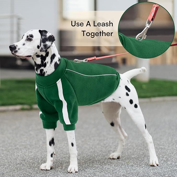Queenmore Small Christmas Dog Sweater, Cozy Fleece Dog Sweatshirt, Warm Winter Fleece Jacket for Small, Medium & Large Dogs with Leash Hole/Reflective Stripes Green