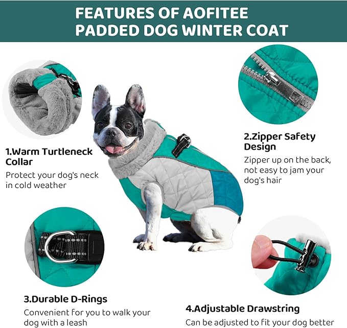 AOFITEE Dog Coat, Dog Winter Coat, Reflective Small Dogs Jacket with Harness Built in and Fleece Lined, Waterproof Pet Winter Jacket Warm Snowsuit for Small Medium Large Dogs, Green M