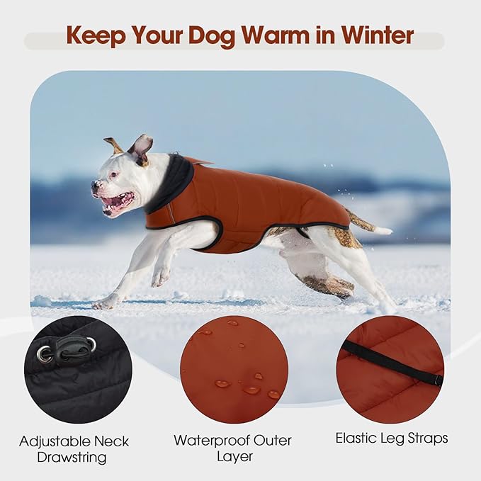 IDOMIK Dog Winter Coat, Warm Waterproof Dog Puffer Jacket with Harness Hole, Adjustable Reflective Snow Jacket Vest with Turtleneck, Pet Cold Weather Coats for Large Dogs,Caramel,2XL