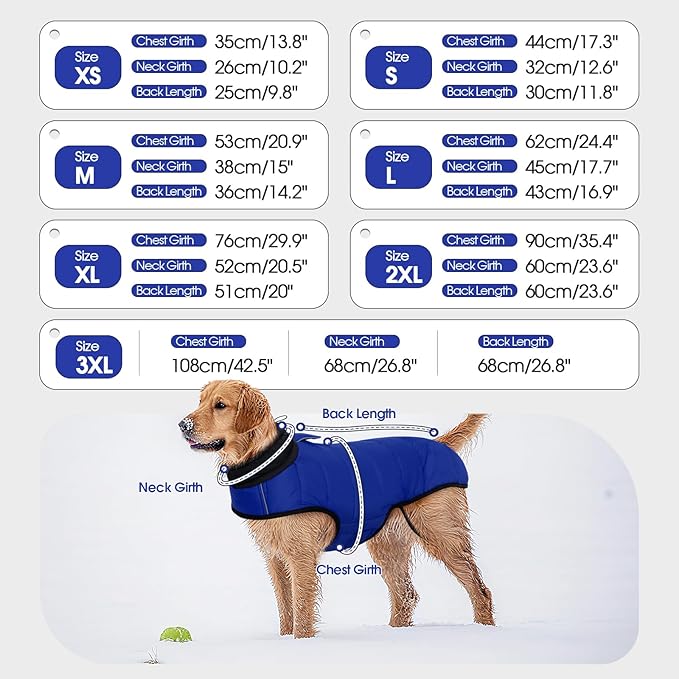 IDOMIK Dog Winter Coat, Warm Waterproof Dog Puffer Jacket with Harness Hole, Adjustable Reflective Snow Jacket Vest with Turtleneck, Pet Cold Weather Coats for Large Dogs,Blue,L