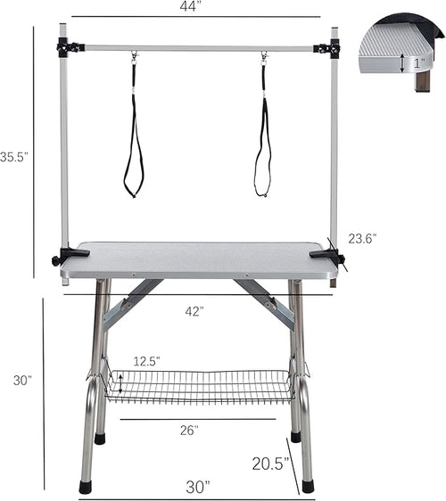 42" Dog Grooming Table Foldable Pet Grooming Tables with Adjustable Arm Noose Storage Mesh Tray Maximum Capacity Up to 330lbs Silver Gray