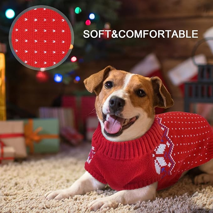 Kuoser Dog Sweater, Holiday Christmas Snowflake Pet Warm Knitwear Dog Sweaters Soft Puppy Clothing, Doggie Turtleneck Cold Weather Outfit Pullover for Small Medium Large Dogs Cats, Red 2XL