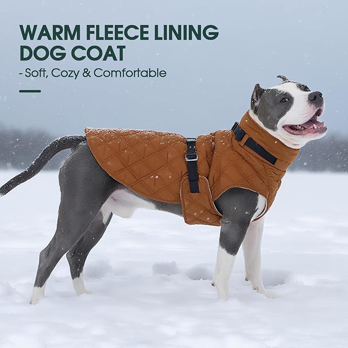 Kuoser Dog Coat Warm Fleece Lining Turtleneck Dog Jacket with Harness Built-in, Adjustable Windproof Cold Weather Coats with Quick Release Buckle Pet Winter Snowsuit for Small Medium Dogs, Khaki M