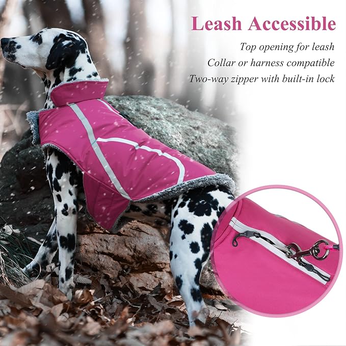 VIVAGLORY Frostfit Dog Coat, Dog Jacket for Winter & Cold Weather, Warm Fluffy Fleece Lined Water Resistant Reflective for Puppy, Coat with Velcro Fastening & Leash Hole, M+, Fuchsia