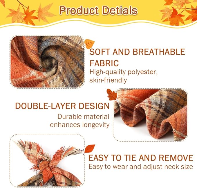 Vivifying Halloween Dog Bandanas, 2 Pack Thanksgiving Fall Classic Plaid Dog Scarf with Tassels Edges, Funny Pet Apparel & Accessories Costume for Photo Prop, and Party Decor (X-Large, Yellow&Orange)