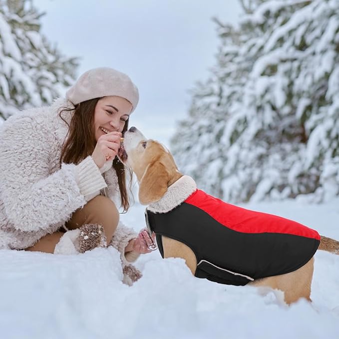 Warm Dog Coat,Waterproof Jacket in Winter Adjustable and Reversible Doggy Fleece Outfit,Thick Clothes with Foldable Collar for Puppy in Cold Days,S Red