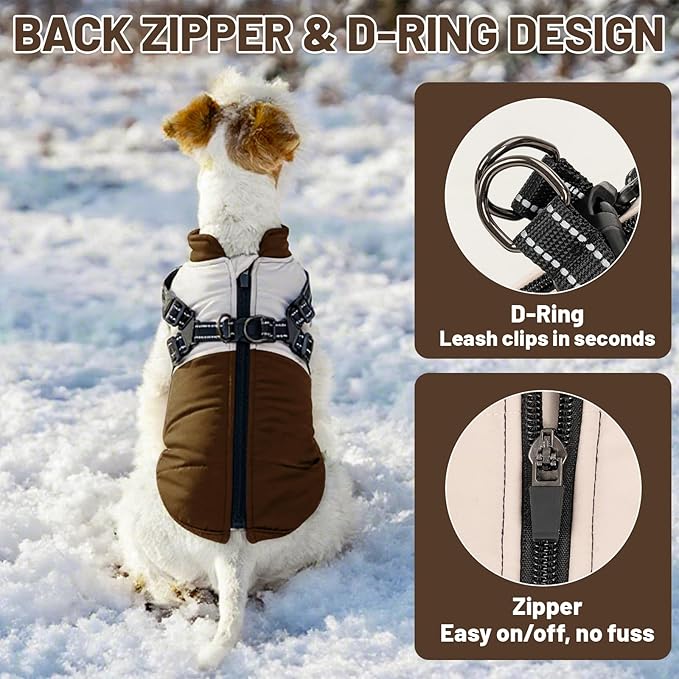 Dog Winter Coat for Small & Medium Dogs (Up to 31lb), Waterproof Dog Coat with Harness, Puppies Windproof Puppy Puffer Jacket, Snowsuit for Dachshund,Frenchie, Corgi (Classic Brown, Large)