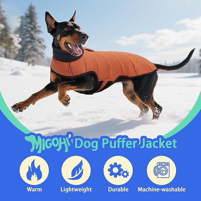 MIGOHI Lightweight Dog Coat, Windproof Dog Jacket, Puffer Jacket for Medium Dogs, Padded Vest with Reflective Strips, Warm Snow Vest in Cold Weather, Easy On Hook & Loop Belly, Caramel, L