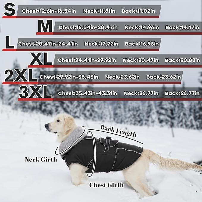 Lelepet Warm Dog Coats for Large Dogs Waterproof Dog Jacket Reflective Pet Fleece Vest Windproof Cold Weather Coats with Adjustable Buckle & Leash Hole, Black, XL