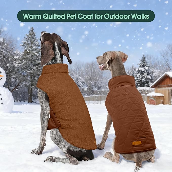 Kuoser Reversible Dog Coat – Warm Fleece & Quilted Waterproof Dog Jacket, Double-Sided Cold Weather Dogs Winter Coat with Harness Hole, Windproof Pet Snow Vest for Small Medium Large Dogs, Brown XL