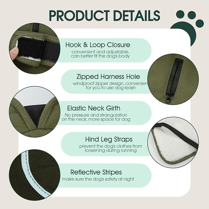 Kuoser Canvas Dog Coat, Warm Dog Jacket Reflective Fleece Pet Cold Weather Coat, Warm Doggie Clothes Waterproof Winter Vest with Zipper Leash Hole for Small Medium Large Dogs, Army Green L